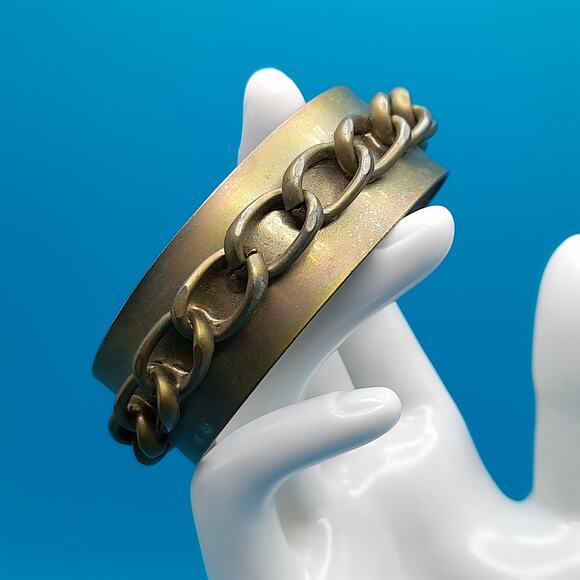 Vintage Distressed Gold Tone Bangle, Chain Attached, 7 7/8" - Picture 6 of 9